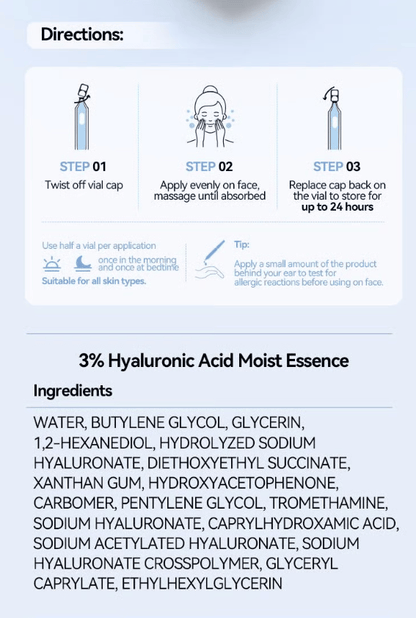 Ultra-Hydrating Serum -Vegan | 3% Hyaluronic Acid Glass Skin Single-Use Vials Skincare Comfort