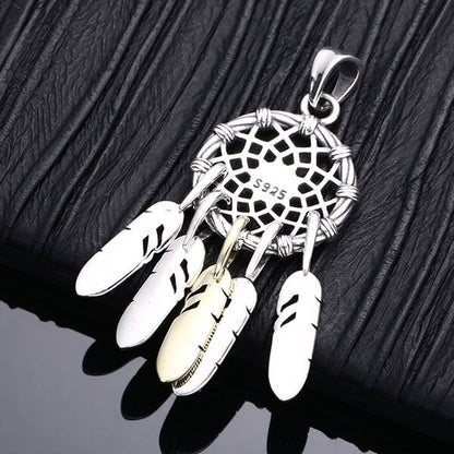 Sterling Silver Feather Dreamcatcher Pendant Necklace
